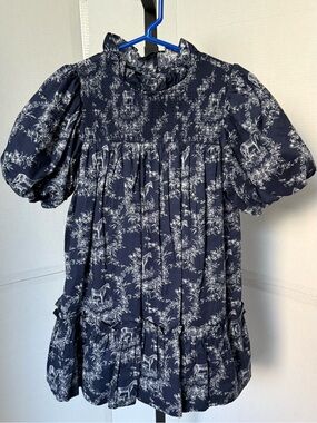 Girl’s Janie and Jack Olivia Navy Toile Smocked Puff-Sleeve Dress Size 6